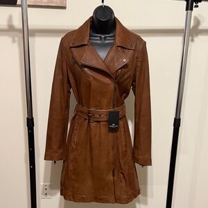 Andrew Marc Jacqui Notch Collar Moto Leather Trench Coat